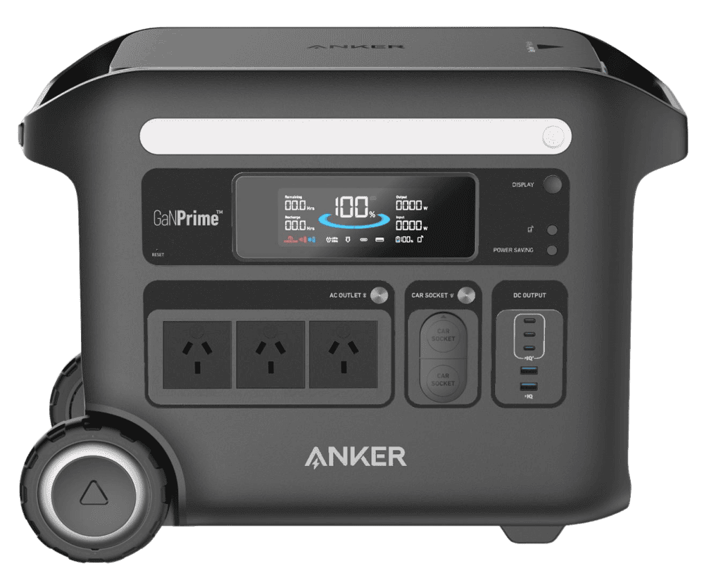 Front view of the Anker F2600 power station showcasing multiple outlets and GaNPrime technology, supplied by UPS Equip.