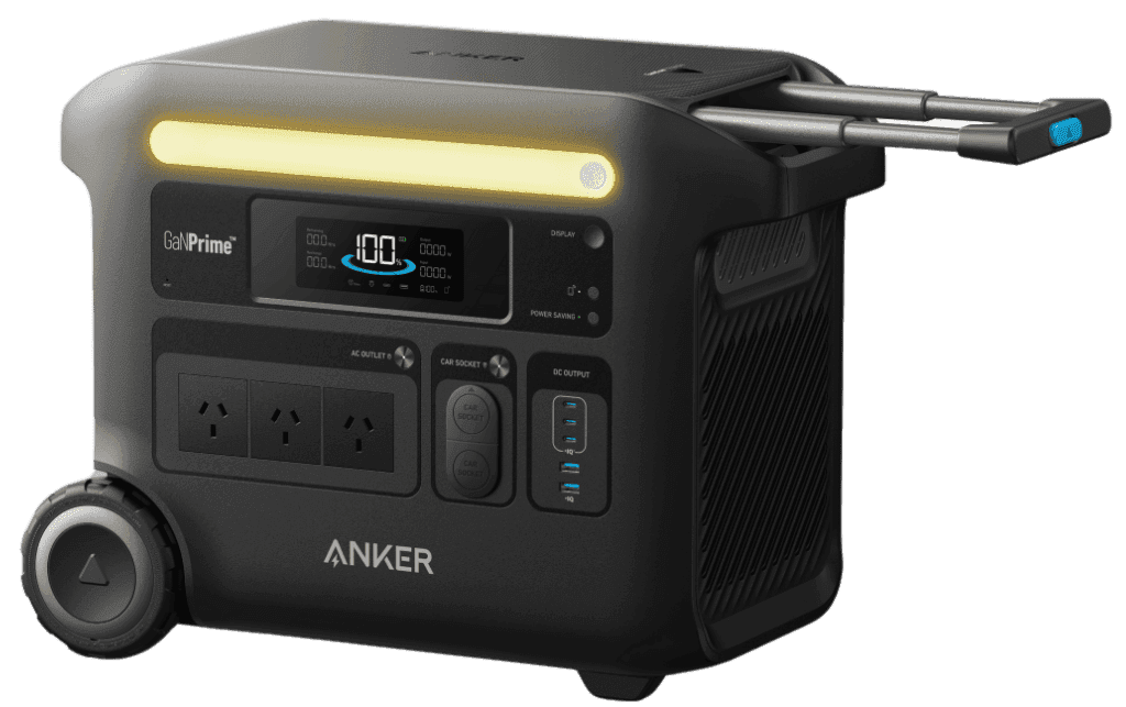 Anker F2600 power station with portable design, extendable handle, and multiple outlets, supplied by UPS Equip.