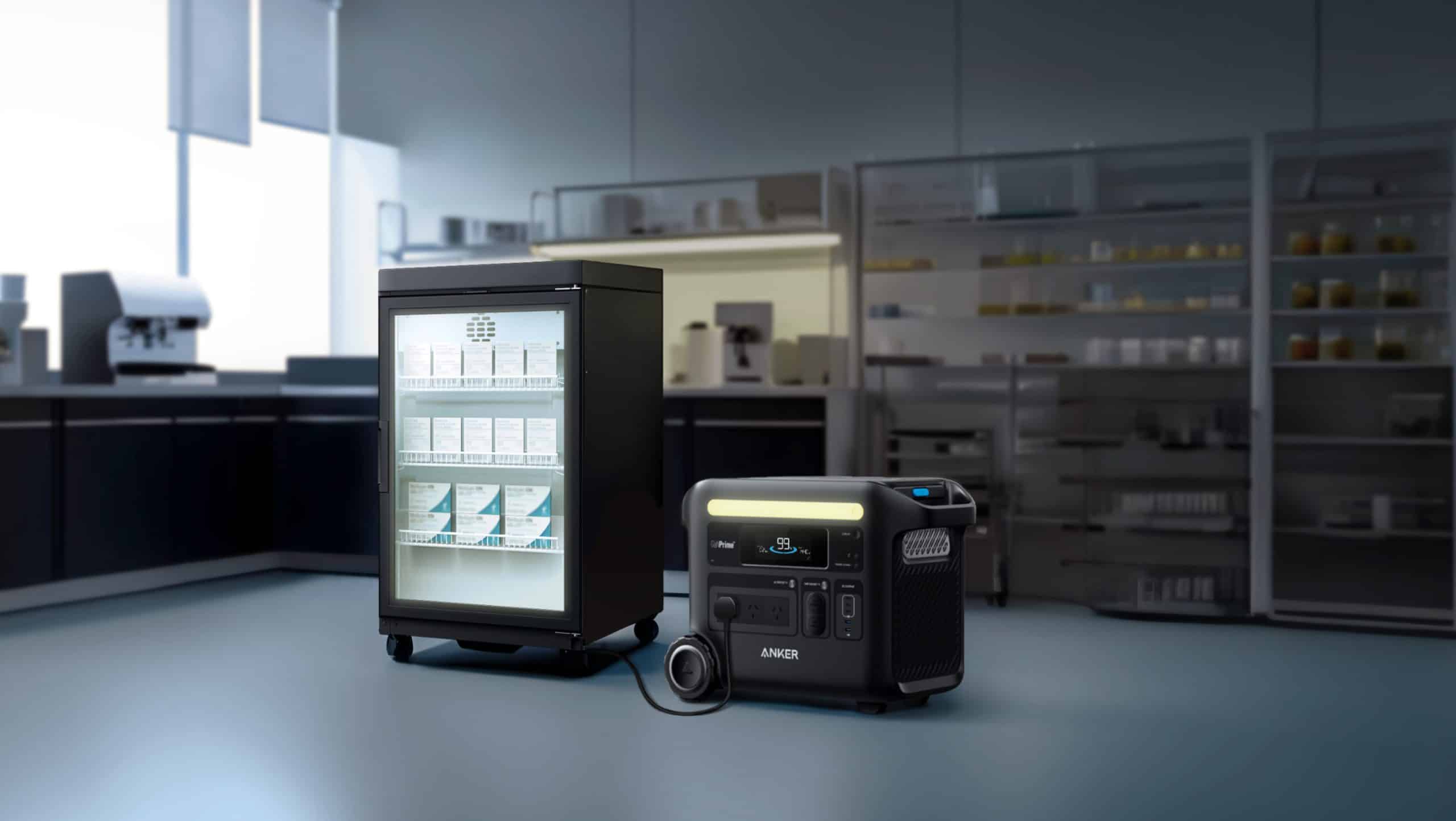 Anker F2600 power station powering a medical vaccine refrigerator for reliable cold storage, supplied by UPS Equip.