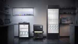 Anker F2600 power station with expansion battery powering multiple medical vaccine refrigerators, supplied by UPS Equip.