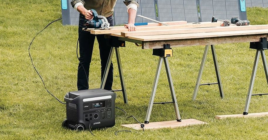Anker F2600 power station providing energy for power tools at an outdoor worksite, supplied by UPS Equip.