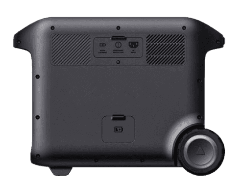 Rear view of the Anker F2600 power station highlighting input ports and sturdy wheel design, supplied by UPS Equip.