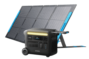 Anker F2600 power station paired with solar panels for renewable energy charging, supplied by UPS Equip.