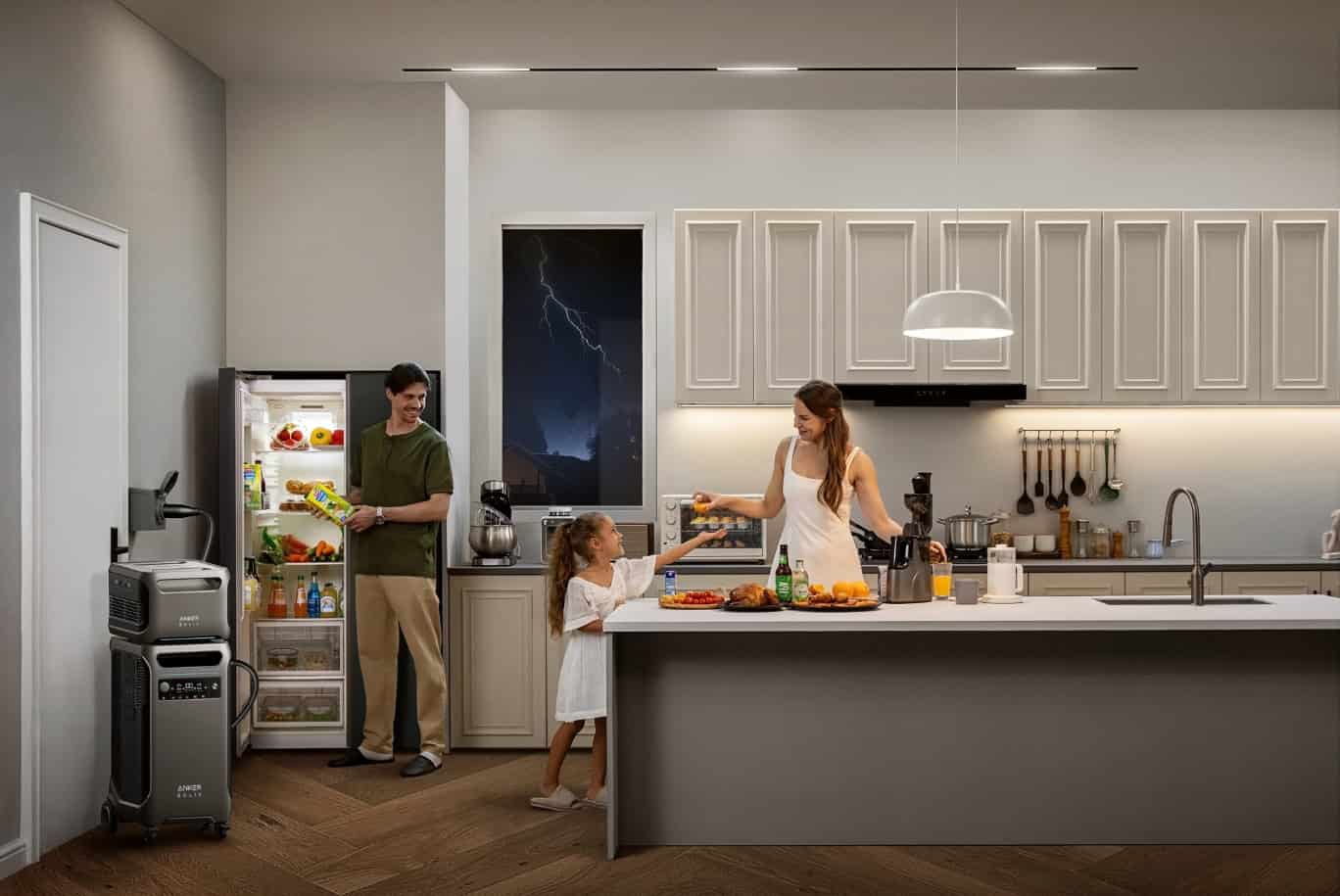 Family in kitchen using Anker backup power station during a thunderstorm