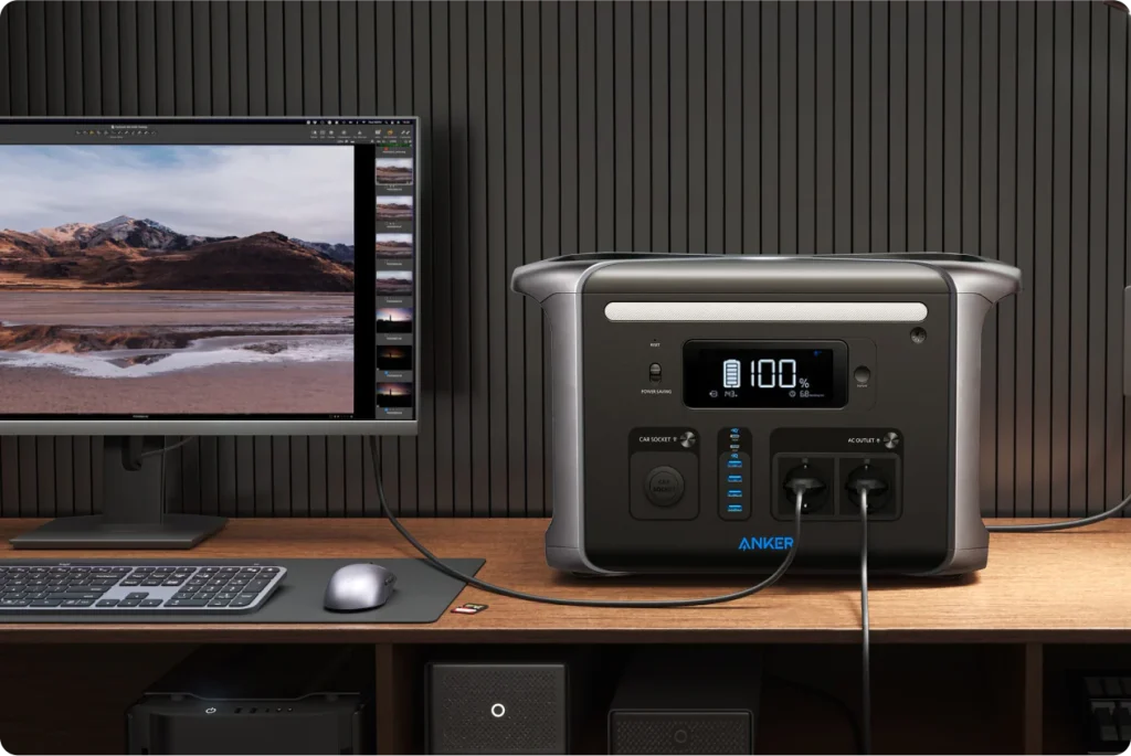 Anker home office power Anker home office power station setup with desktop monitor and charging hub