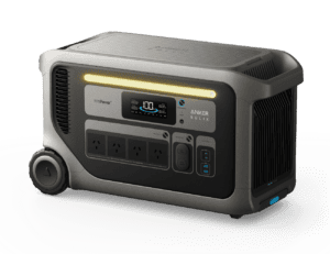 Showing Anker SOLIX F3000 from an angle with LED light, LCD screen, AC outlets, USB ports, vents and wheel.