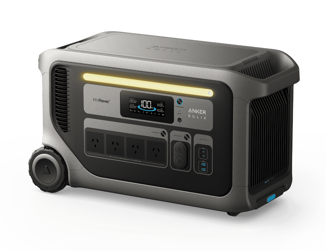 Showing Anker SOLIX F3000 from an angle with LED light, LCD screen, AC outlets, USB ports, vents and wheel.