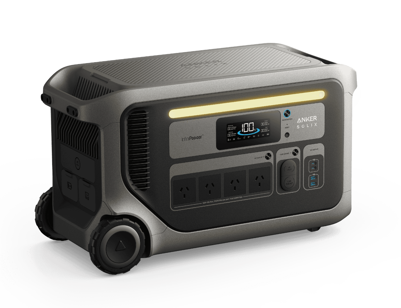 Showing the Anker SOLIX F3000 portable power station from the front angle with LED light bar, LCD display, AC outlets, USB-C, USB-A, DC outputs, rear AC outlets and integrated transport wheels.