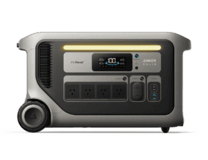 Showing the front panel of the Anker SOLIX F3000 portable power station with LCD display, LED light bar, four AC outlets, USB-C, USB-A, DC car socket and main power controls.