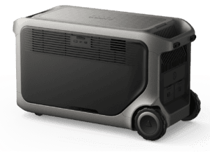 Showing the rear angle of the Anker SOLIX F3000 portable power station with solar input ports, rear AC outlets, ventilation panels, integrated wheels and rugged housing.