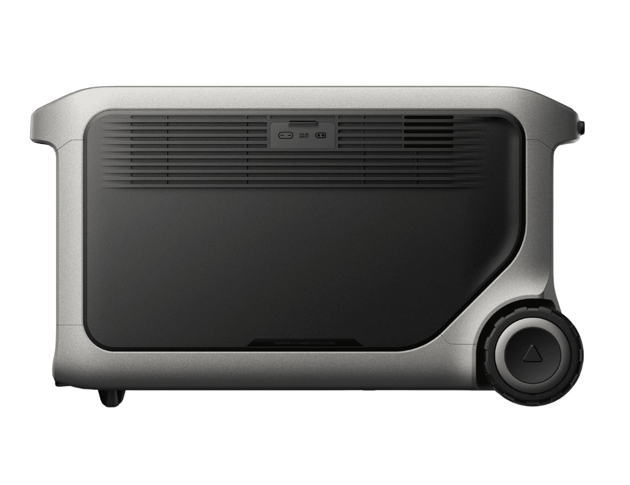 Showing the side view of the Anker SOLIX F3000 portable power station with integrated ventilation panel, solar input ports, transport wheel and durable enclosure for expandable off-grid power.