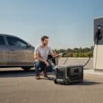 Showing the Anker SOLIX F3000 portable power station connected between an EV charging station and electric vehicle for portable EV charging support.