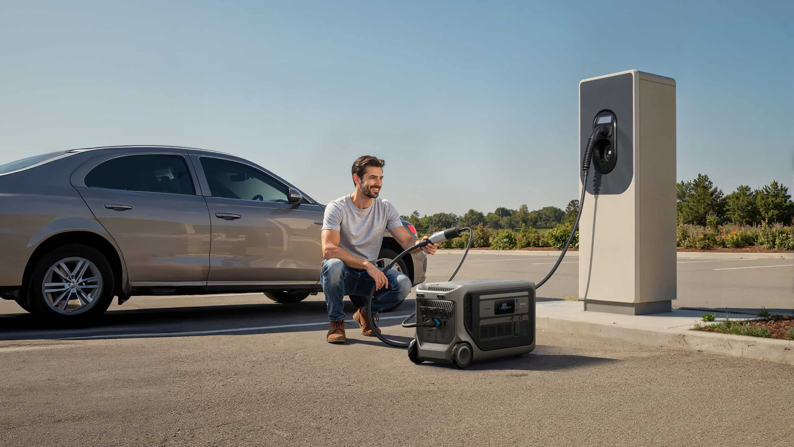 Showing the Anker SOLIX F3000 portable power station connected between an EV charging station and electric vehicle for portable EV charging support.