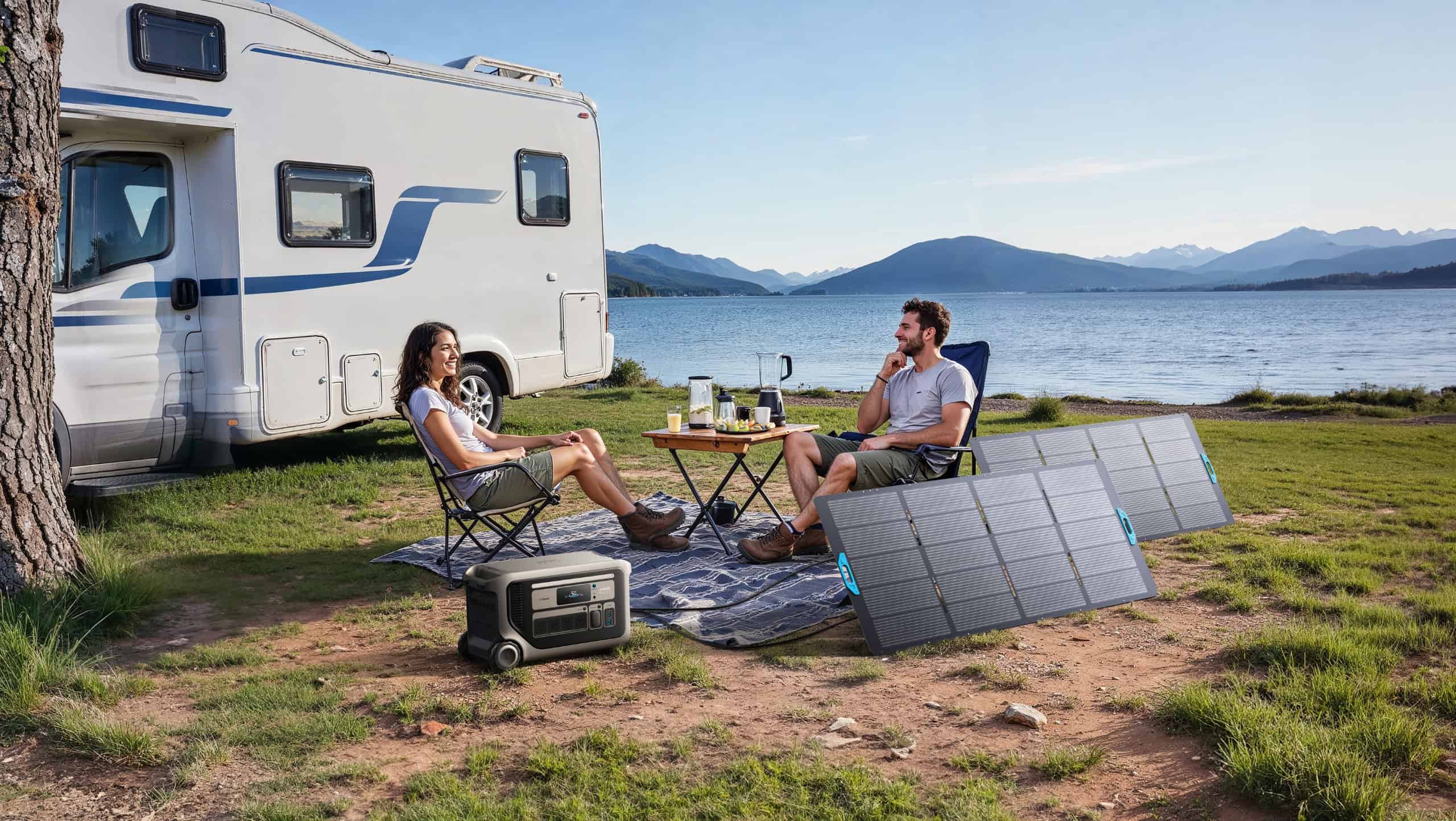 howing the Anker SOLIX F3000 portable power station powering an RV campsite with foldable solar panels beside a lakeside camper for off-grid energy.