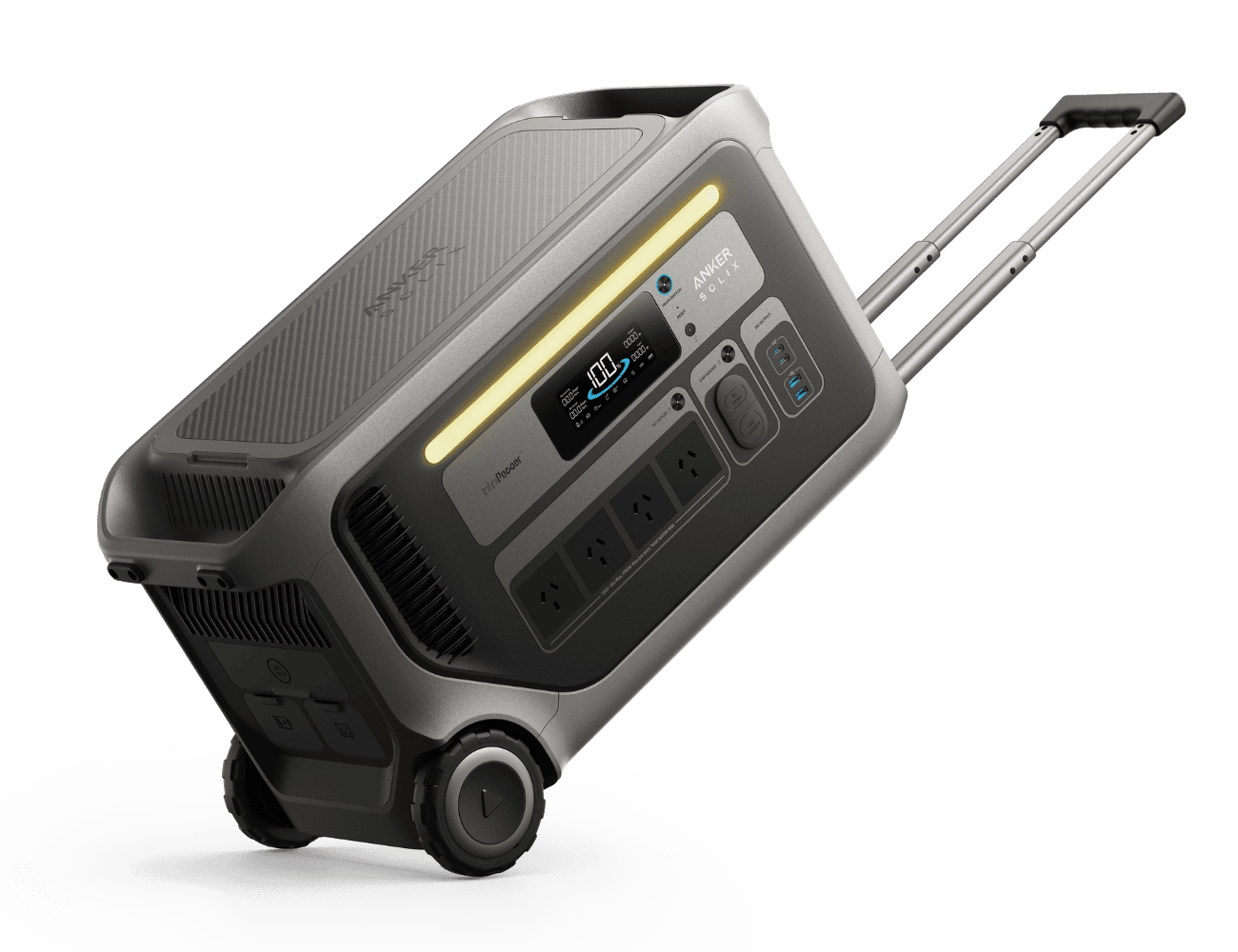 Showing the Anker SOLIX F3000 portable power station with wheels, telescopic handle, LCD display and multiple AC, USB-C, USB-A and DC outputs for reliable backup power.